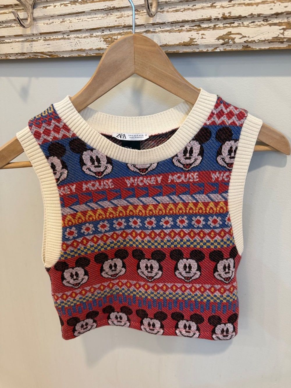 Zara X Disney Cream-Trim Mickey Mouse Fair Isle Knit Vest - Red, Blue, Yellow